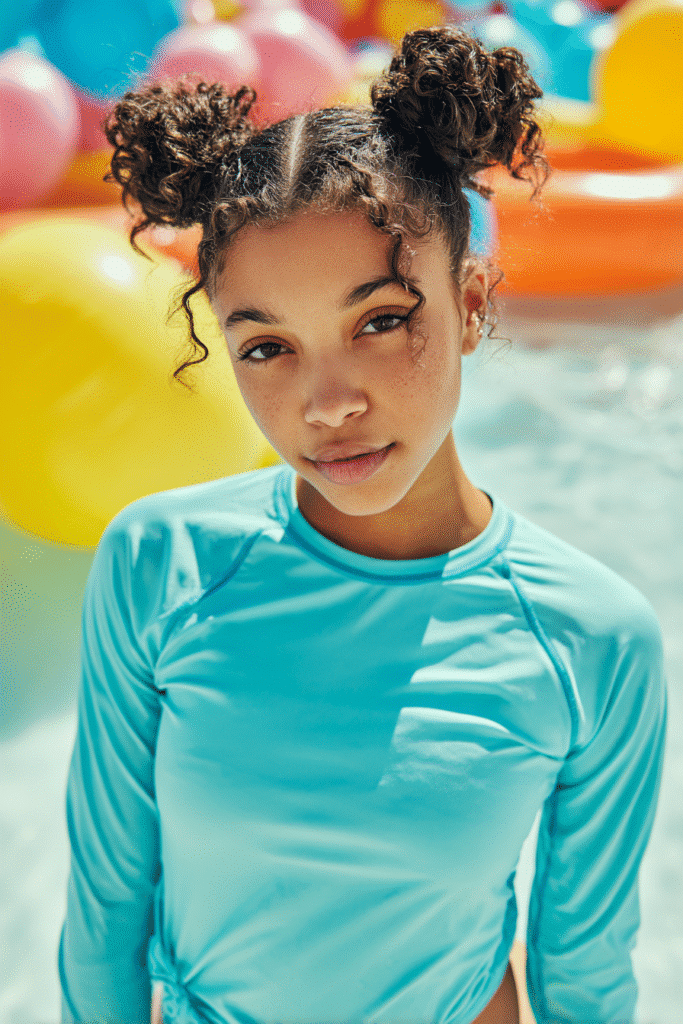 Girl wearing full swim gear and braided space buns, posing playfully near a pool full of colorful floats.

