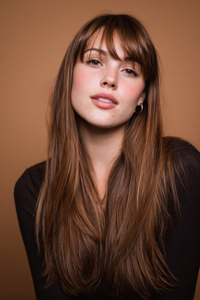 A vibrant American female model in her 20s with chest-length straight Hime Cut long hair featuring rich brown hues, sleek sidelocks, and straight bangs, styled smoothly, photographed against a seamless warm mocha backdrop with a glossy finish. She wears subtle makeup, a trendy outfit, and has a warm skin tone with a friendly expression, captured with soft natural lighting.