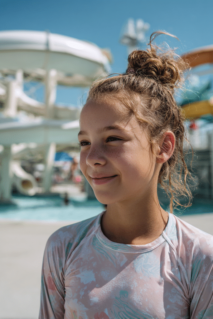 Happy American girl with a bubble ponytail, dressed in a pastel rash guard swim shirt, standing near a large water slide.