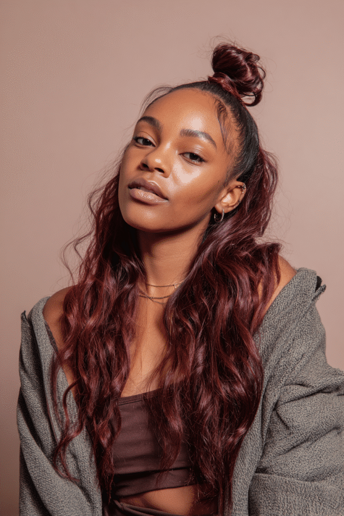A vibrant Black female model in her 20s with shoulder-to-waist-length burgundy wig, styled in a half-up elegant bun with burgundy waves flowing down, photographed against a seamless soft plum backdrop with a matte finish. She wears subtle makeup, a trendy outfit, and has a warm skin tone with a friendly expression, captured with soft natural lighting.