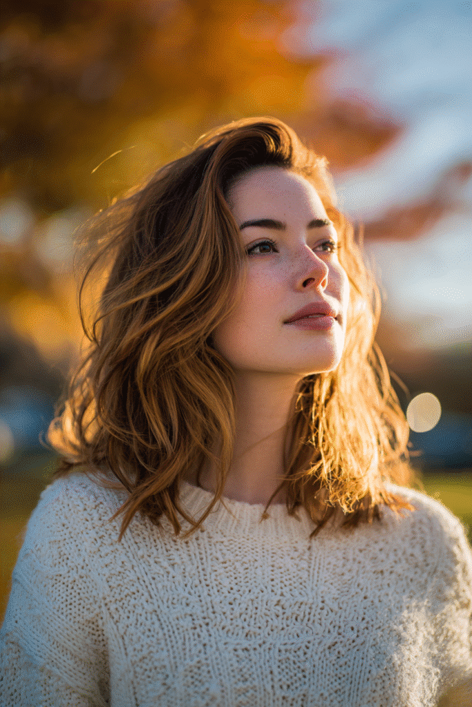 Realistic portrait of a brunette woman with butterscotch balayage hair color, soft loose curls, wearing a camel-colored sweater, golden sunlight shining through fall leaves.