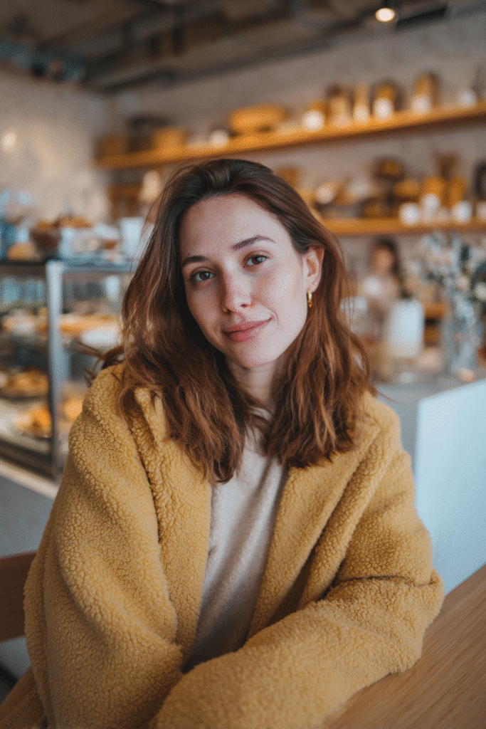 A vibrant American female model in her 20s with chest-length Neapolitan hair featuring warm butterscotch with soft vanilla touches, styled elegantly, photographed against a cozy bakery interior with warm wooden counters and fresh pastries. She has subtle makeup, a trendy outfit, a warm skin tone, and a friendly expression, captured with soft natural lighting.