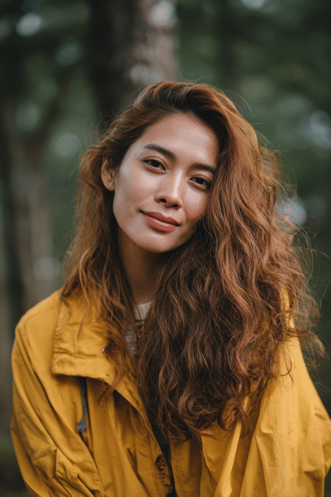 A vibrant American female model in her 20s with caramel and pumpkin hair color, styled elegantly, photographed against a natural forest scene backdrop with minimal texture. She has subtle makeup, a trendy outfit, a warm skin tone, and a friendly expression, captured with soft natural lighting.