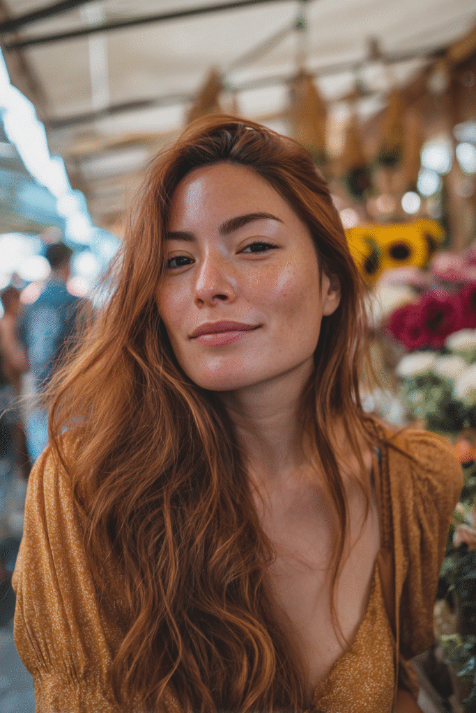 A vibrant American female model in her 20s with chest-length Neapolitan hair featuring warm caramel with strawberry swirl highlights, styled smoothly, photographed against a sunlit flower market with colorful blooms and wooden stalls. She has subtle makeup, a trendy outfit, a warm skin tone, and a friendly expression, captured with soft natural lighting.