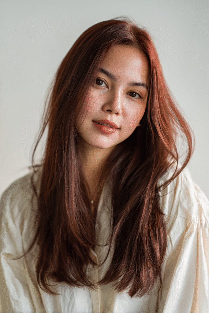 Chest-length portrait of a brunette woman with deep cherry cola hair color, soft waves, wearing a cream full-sleeve knit top, standing in warm autumn sunlight on a cobblestone street.
