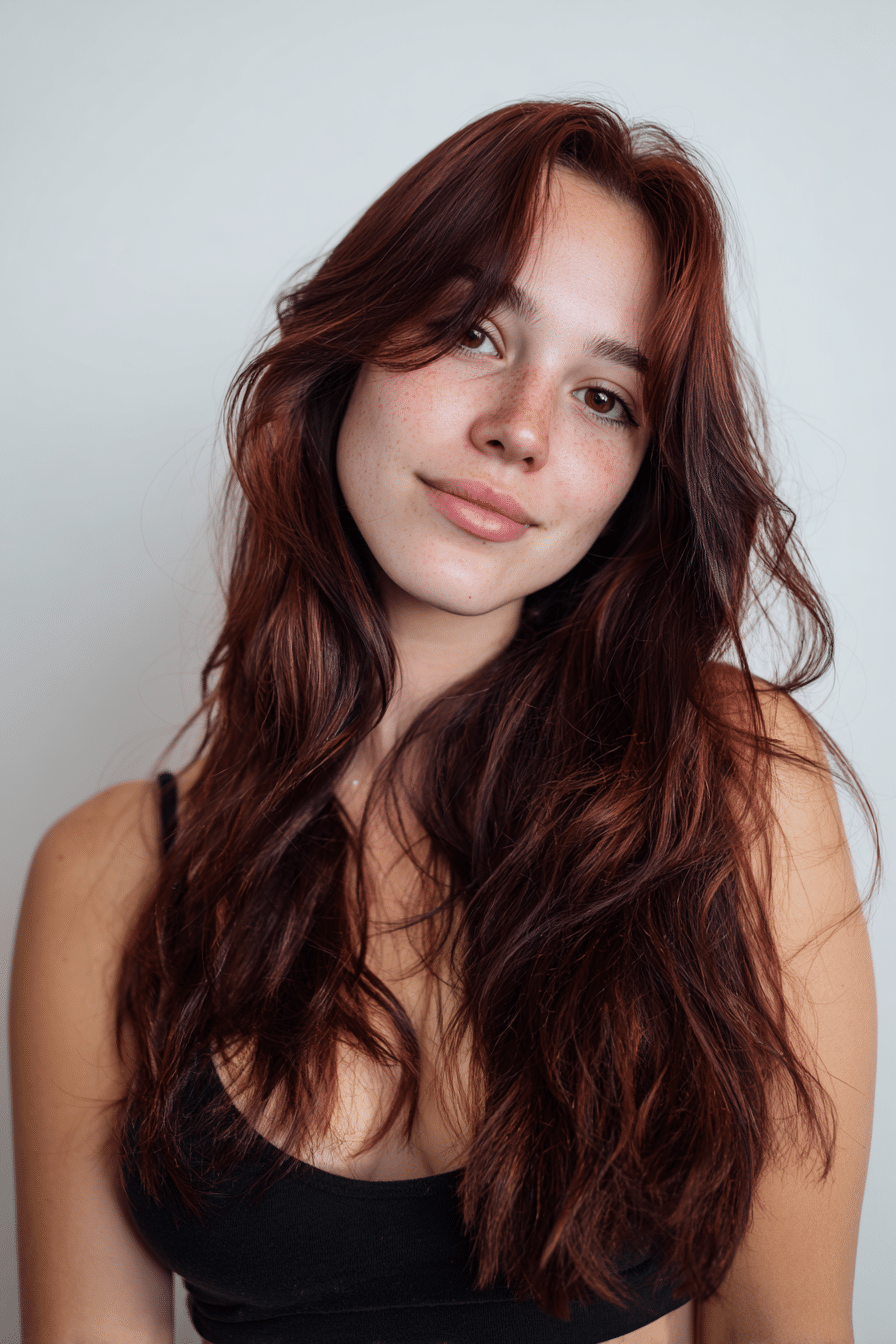 A vibrant American female model in her 20s with chest-length Neapolitan hair featuring braided highlights in chocolate, vanilla, and strawberry tones, styled intricately, photographed against a seamless white backdrop with minimal texture. She wears subtle makeup, a trendy outfit, and has a warm skin tone with a friendly expression, captured with soft natural lighting.