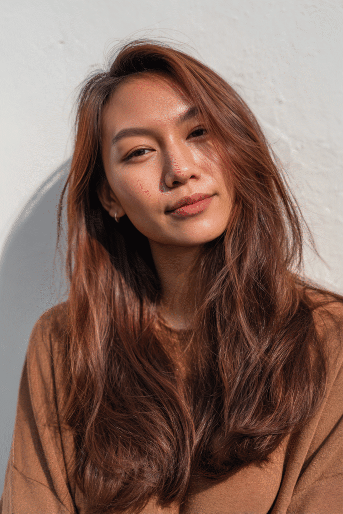 A vibrant American female model in her 20s with chest-length Neapolitan hair featuring rich chocolate brown and vibrant raspberry shades, styled elegantly, photographed against a seamless white backdrop with minimal texture. She wears subtle makeup, a trendy outfit, and has a warm skin tone with a friendly expression, captured with soft natural lighting.