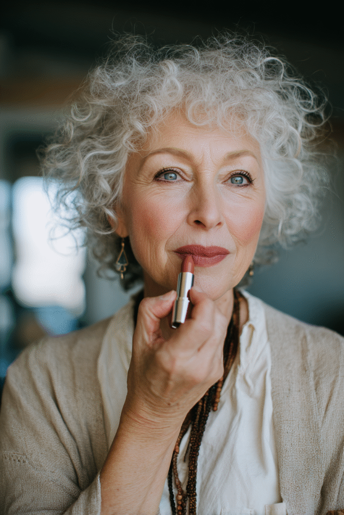 Mature woman applying moisturizing, rosy lipstick for a smooth and youthful lip finish.