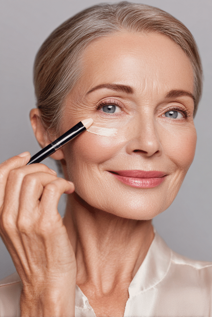Older woman gently applying creamy, hydrating concealer under her eyes for a smooth, crease-free finish.