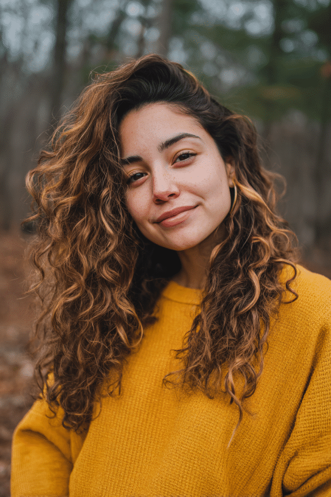 A vibrant American female model in her 20s with chunky pumpkin spice highlights hair color, styled in a bold hairstyle, photographed against a natural forest scene backdrop with minimal texture. She wears subtle makeup, a trendy outfit, and has a warm skin tone with a friendly expression, captured with soft natural lighting.