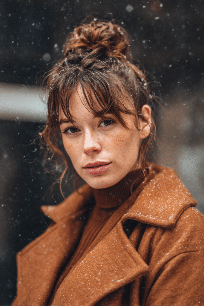 A vibrant female model in her 20s with shoulder-to-waist-length hair, styled in a cinnabun with a coiled high bun, framed from chest-level upward, photographed against a seamless warm mocha backdrop with a satin finish. She has subtle makeup, a stylish winter coat, a warm skin tone, and a confident expression, captured with cozy winter lighting and soft snowflakes.