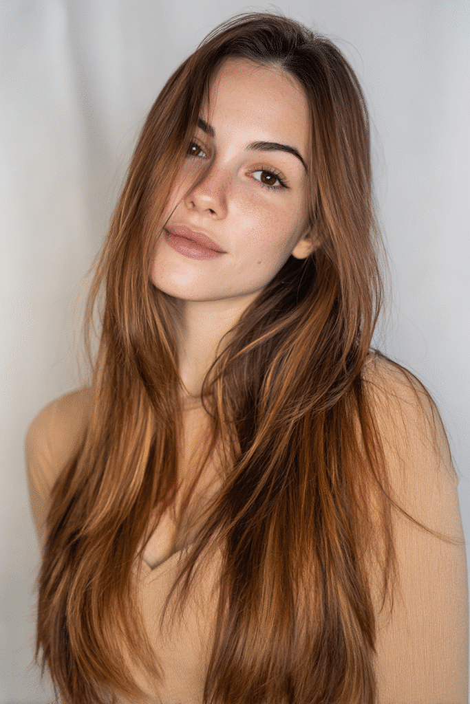 Real-life style portrait of a brunette woman with cinnamon gloss hair color, voluminous waves, wearing a rust-colored turtleneck sweater, with golden leaves in the background.