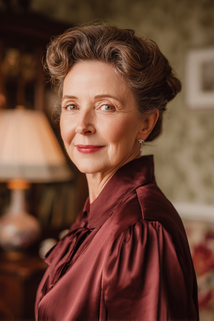 Realistic close-up of a woman over 60 with a dark chestnut Gibson tuck, elegant stud earrings, wearing a high-collar blouse, background of a softly blurred library interior.