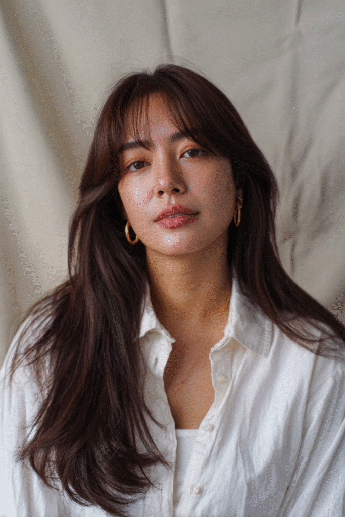 A vibrant American female model in her 20s with chest-length straight Hime Cut long hair featuring sleek locks and defined sidelocks with no bangs, styled elegantly, photographed against a seamless soft ivory backdrop with a smooth finish. She wears subtle makeup, a trendy outfit, and has a warm skin tone with a friendly expression, captured with soft natural lighting.
