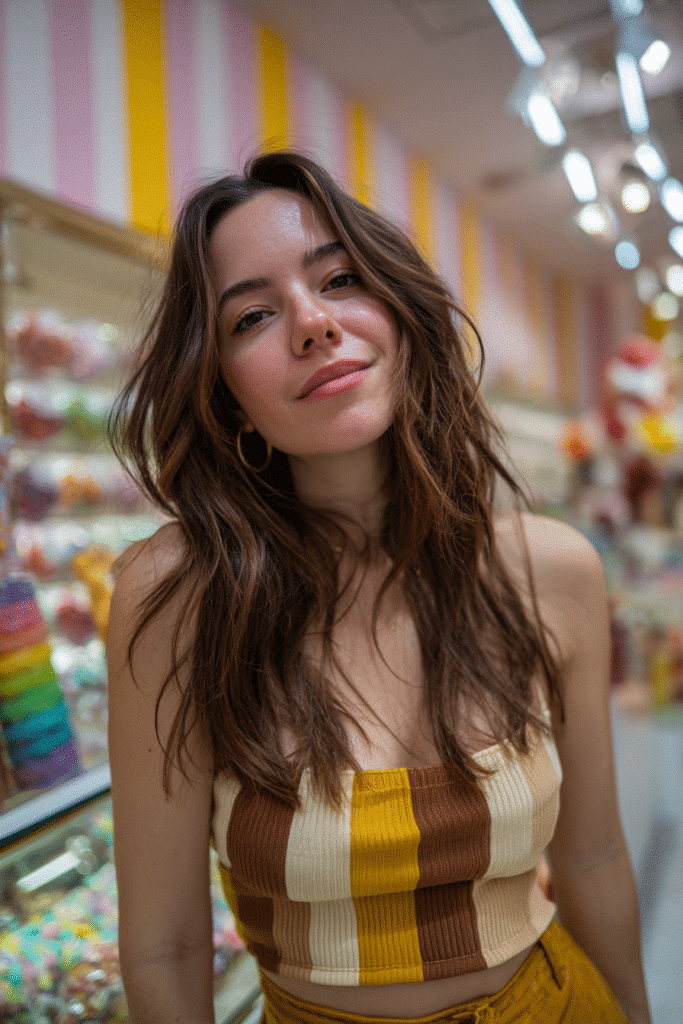 A vibrant American female model in her 20s with chest-length Neapolitan hair featuring a striking blend of deep chocolate brown, creamy vanilla with golden undertones, and vibrant strawberry red, all colors distinctly visible in layered sections, styled elegantly, photographed against a retro candy store with colorful jars and striped wallpaper. She has subtle makeup, a trendy outfit, a warm skin tone, and a friendly expression, captured with soft natural lighting.