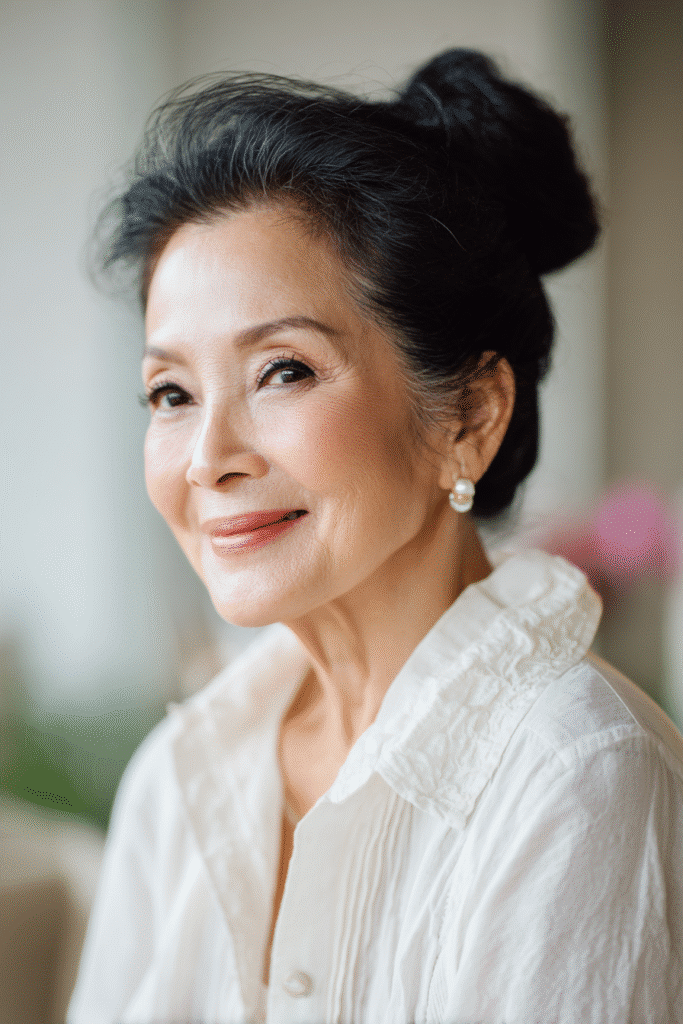 Realistic portrait of a woman over 60 with a neat rolled updo in natural black hair, wearing a high-collar buttoned shirt, background of a softly lit vintage-style room.