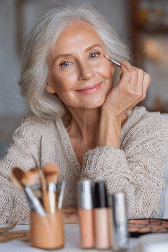 Mature woman using peach-toned color corrector under eyes to neutralize dark circles before applying concealer.