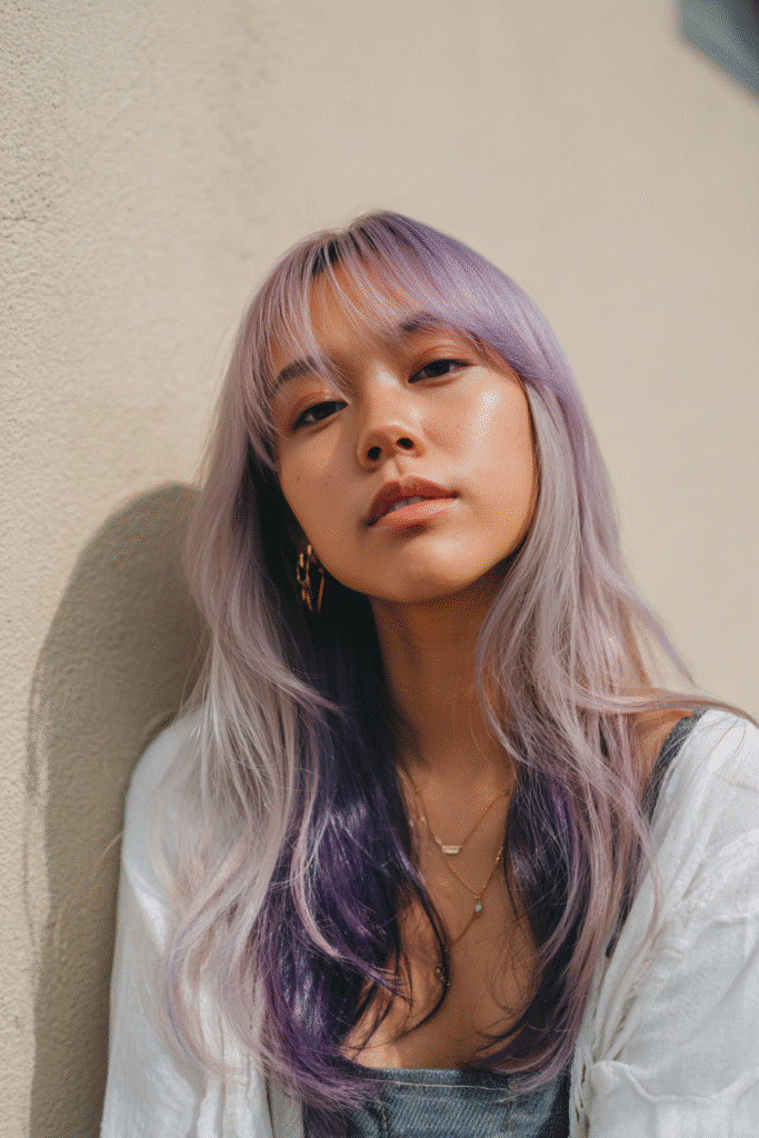 A vibrant American female model in her 20s with chest-length colorful Hime Cut long hair featuring a two-tone combination of vibrant lavender and deep indigo, sharp sidelocks, and straight bangs, styled boldly, photographed against a seamless bright ecru backdrop with a smooth surface. She wears subtle makeup, a trendy outfit, and has a warm skin tone with a friendly expression, captured with soft natural lighting.