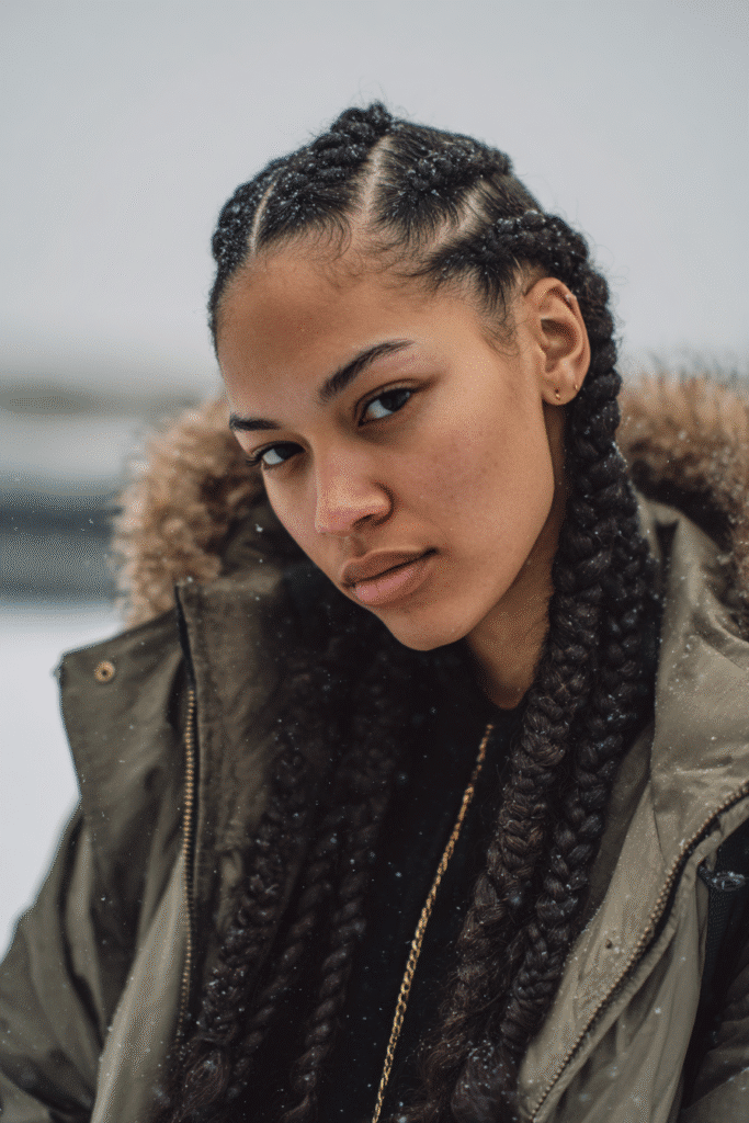 A vibrant female model in her 20s with shoulder-to-waist-length cornrows, styled with a tight protective pattern, captured in a close-up shot focusing on the hair, photographed against a seamless light sage backdrop with a smooth surface. She has subtle makeup, a stylish winter coat, a warm skin tone, and a confident expression, captured with cozy winter lighting and soft snowflakes.