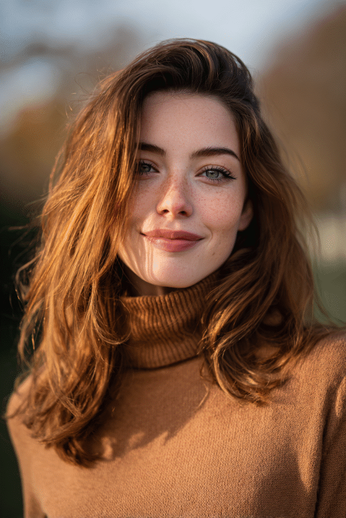 Natural warm-toned image of a brunette woman with cozy chestnut hair color, gentle waves, wearing a burgundy full-sleeve sweater, surrounded by autumn foliage.