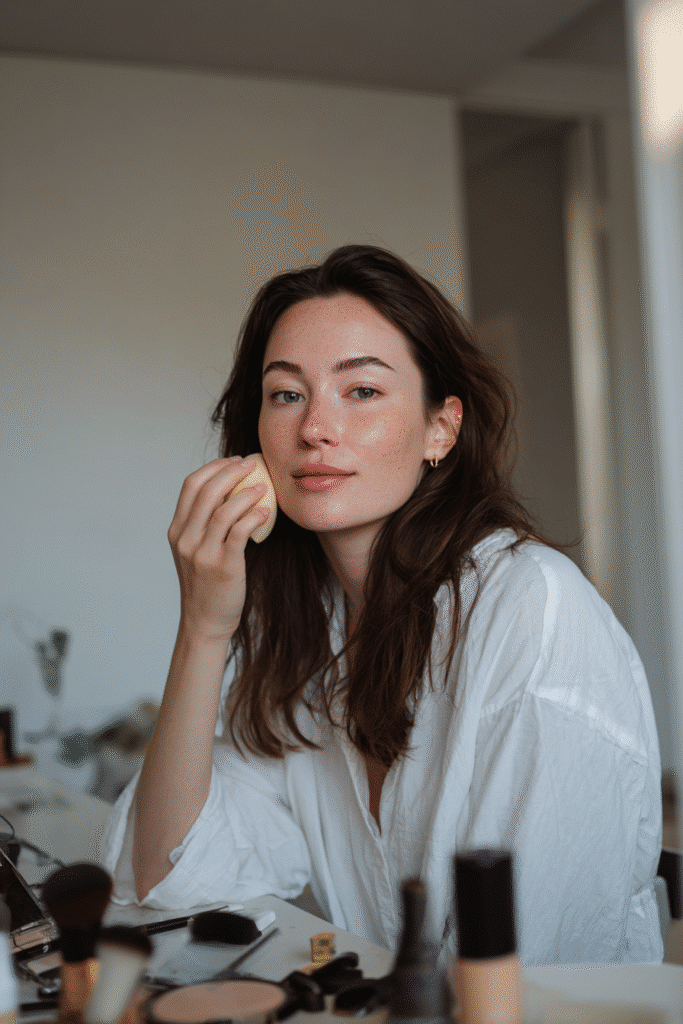 Confident American teenage girl in a modest white blouse, applying foundation with a makeup sponge for a smooth beginner-friendly base at a vanity table in natural light.