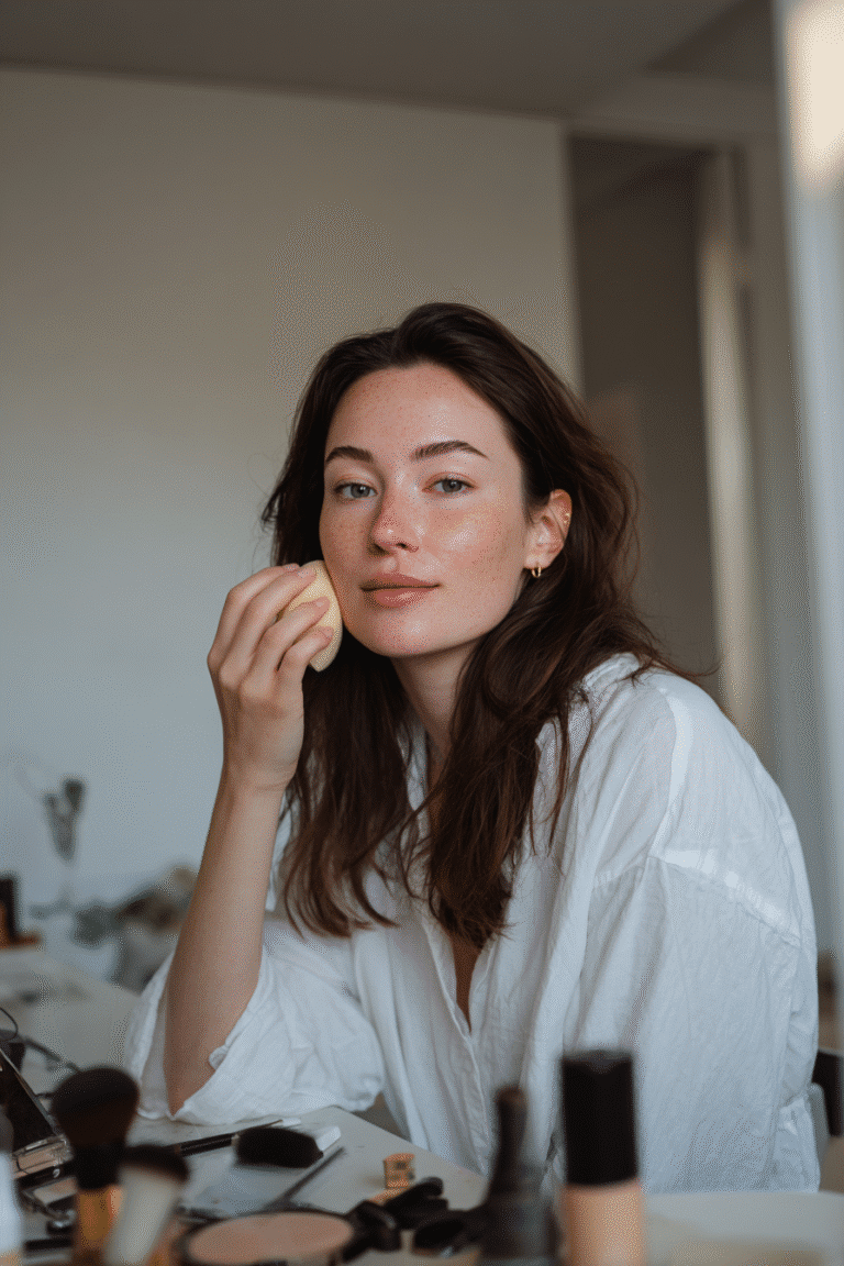 Confident American teenage girl in a modest white blouse, applying foundation with a makeup sponge for a smooth beginner-friendly base at a vanity table in natural light.