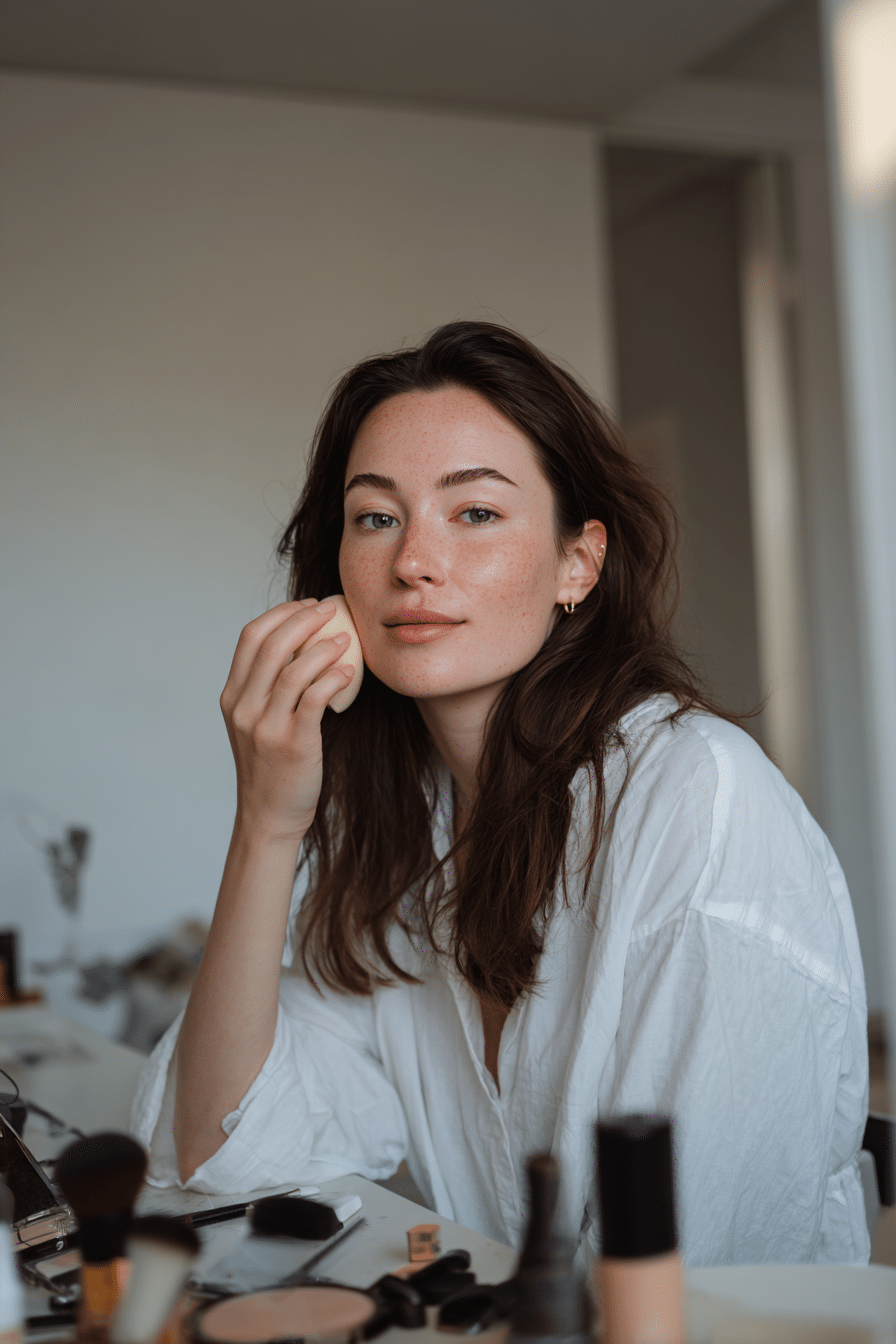Confident American teenage girl in a modest white blouse, applying foundation with a makeup sponge for a smooth beginner-friendly base at a vanity table in natural light.