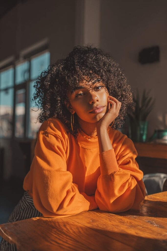 Black woman with full curly crochet braids styled comfortably, sitting at a wooden table in a sunlit cafe corner, wearing a chic casual outfit.