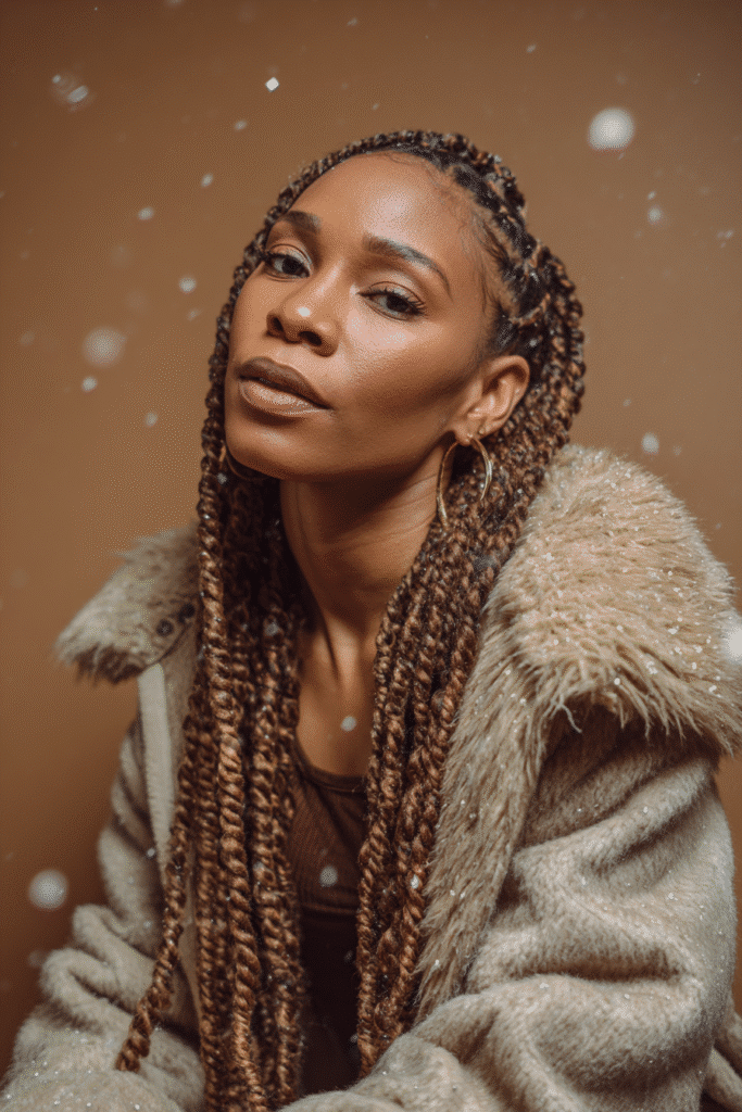 A vibrant female model in her 20s with shoulder-to-waist-length crochet braids, styled with an intricate textured look, framed from chest-level upward, photographed against a seamless warm cinnamon backdrop with a silky finish. She has subtle makeup, a stylish winter coat, a warm skin tone, and a confident expression, captured with cozy winter lighting and soft snowflakes.