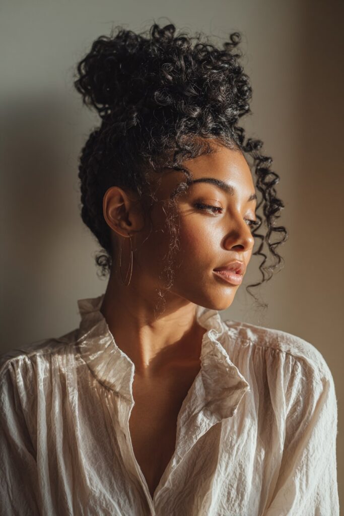 Black woman with a low-tension crown braid, curls woven elegantly around her head, wearing a light blouse, standing against a softly lit neutral background.