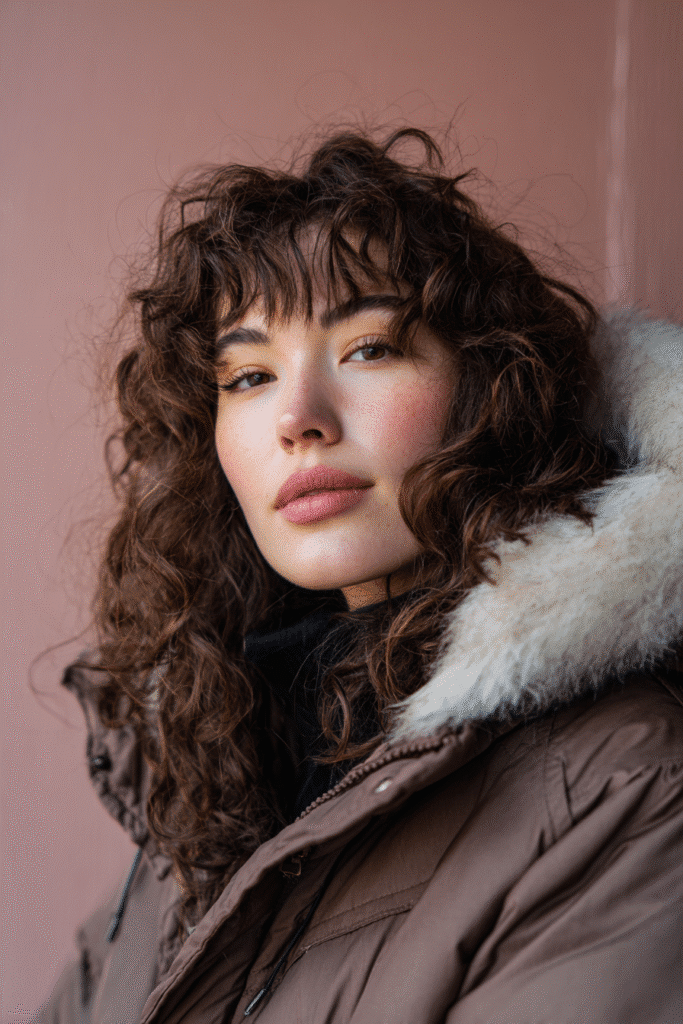 A vibrant female model in her 20s with shoulder-to-waist-length curly crochet hair, styled with soft bangs, framed from chest-level upward, photographed against a seamless soft mauve backdrop with a glossy sheen. She has subtle makeup, a stylish winter coat, a warm skin tone, and a confident expression, captured with cozy winter lighting and a frosty glow.