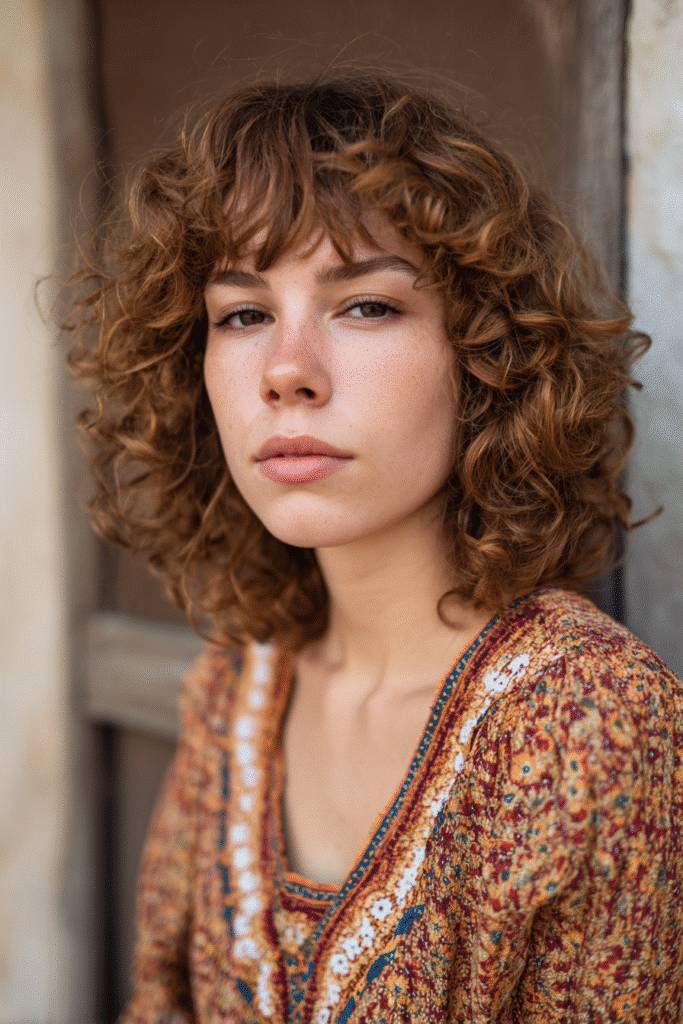 Confident woman with thin hair styled in a curly French bob with short bangs, wearing a full-sleeve embroidered top in a rustic outdoor setting.
