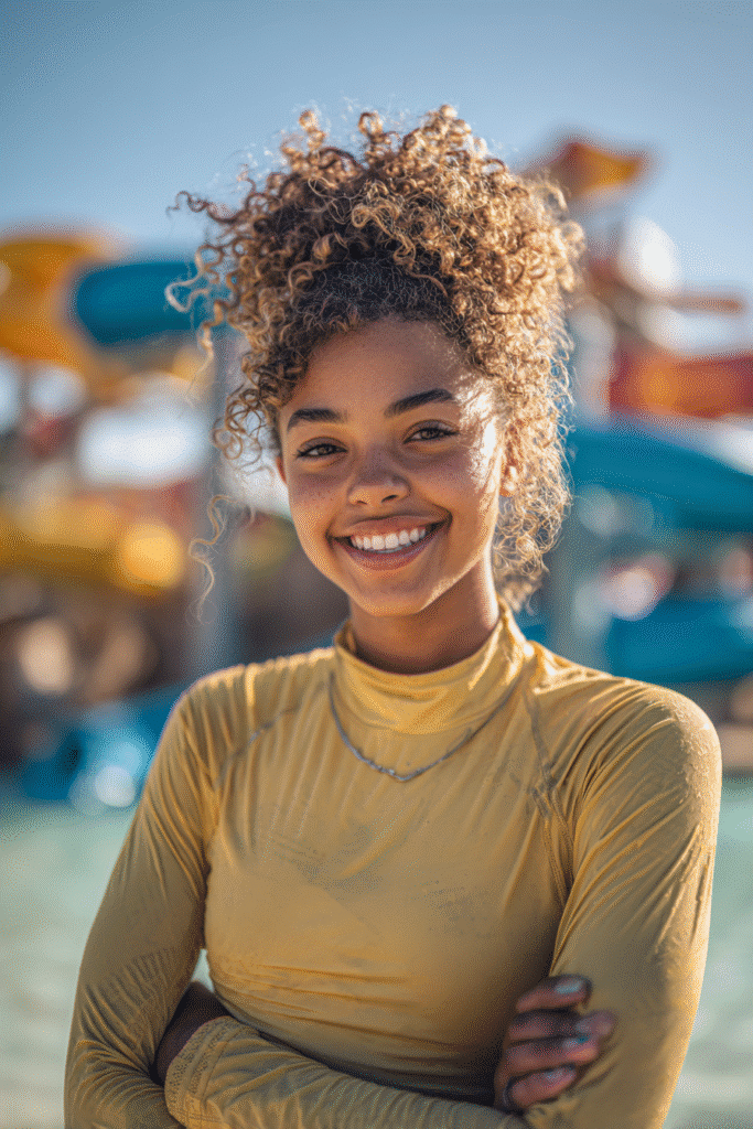 Teen girl in a full-sleeve swim shirt with a curly high puff hairstyle, posing confidently in front of water slides.
