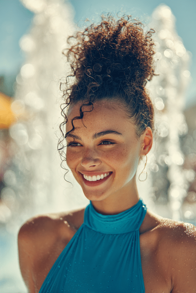 Curly-haired girl in a modest swimsuit with a top knot, standing near water fountains at a sunny waterpark.