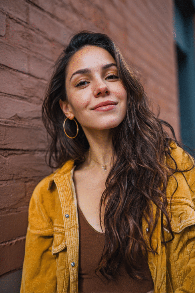 A vibrant American female model in her 20s with deep dark pumpkin spice hair color, styled in a chic hairstyle, photographed against an urban brick wall backdrop with minimal texture. She wears subtle makeup, a trendy outfit, and has a warm skin tone with a friendly expression, captured with soft natural lighting.