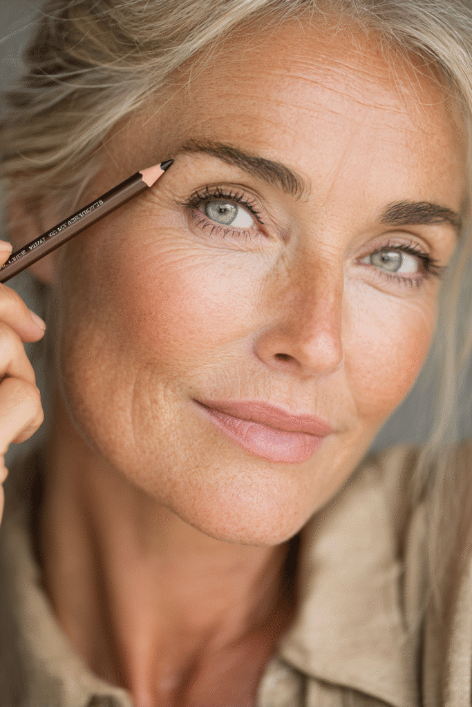 Older woman filling in sparse eyebrows with soft brown pencil for a natural and lifted look.
