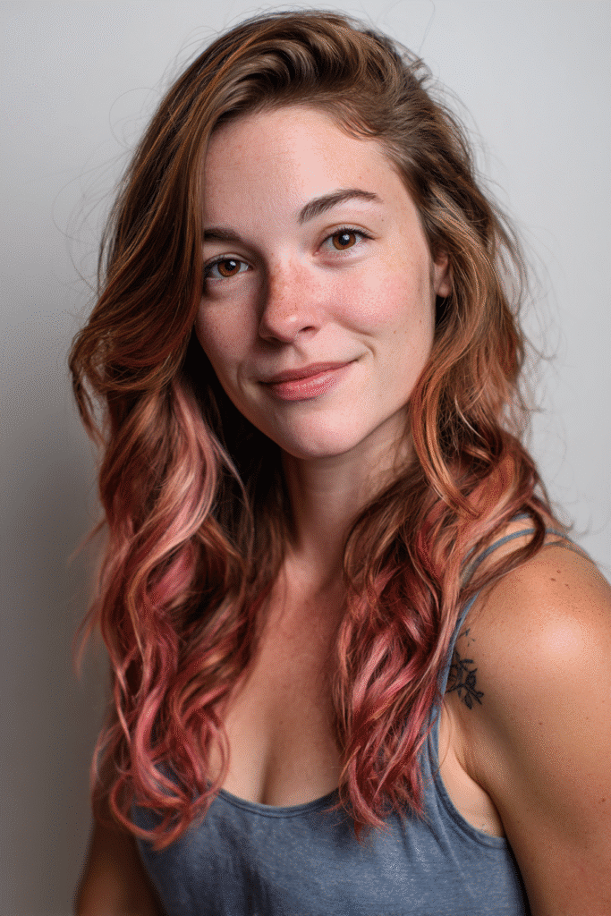 A vibrant American female model in her 20s with chest-length Neapolitan hair featuring dirty blonde with vibrant pink highlights, styled smoothly, photographed against a seamless white backdrop with minimal texture. She wears subtle makeup, a trendy outfit, and has a warm skin tone with a friendly expression, captured with soft natural lighting.