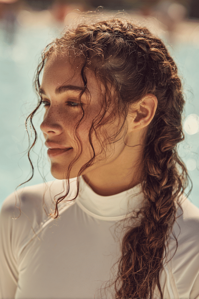 Girl with a Dutch braid and curly ends in a modest swimsuit near a wave pool at the waterpark.