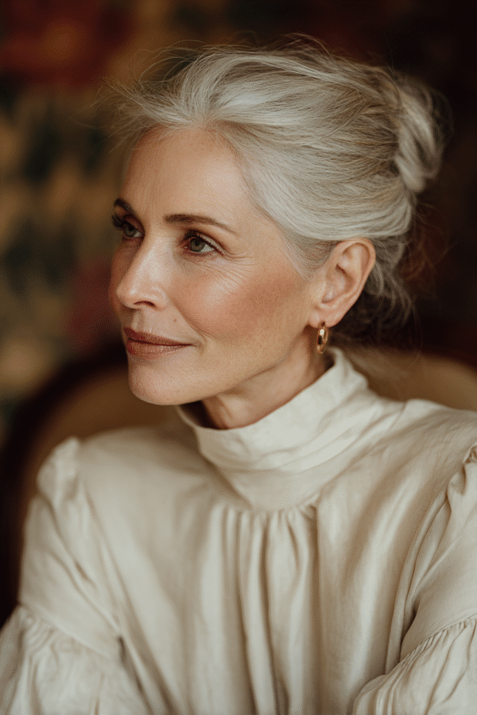 Realistic portrait of an elegant woman over 60 with a sleek French twist hairstyle, soft makeup, wearing a high-neck long-sleeve blouse, standing against a softly blurred warm-toned background.