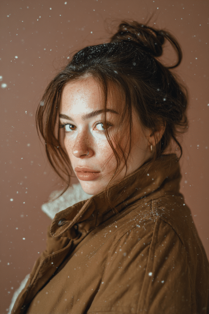 A vibrant female model in her 20s with shoulder-to-waist-length hair, styled in an elegant side bun with a polished look, framed from chest-level upward, photographed against a seamless warm plum backdrop with a satin finish. She has subtle makeup, a stylish winter coat, a warm skin tone, and a confident expression, captured with cozy winter lighting and soft snowflakes.