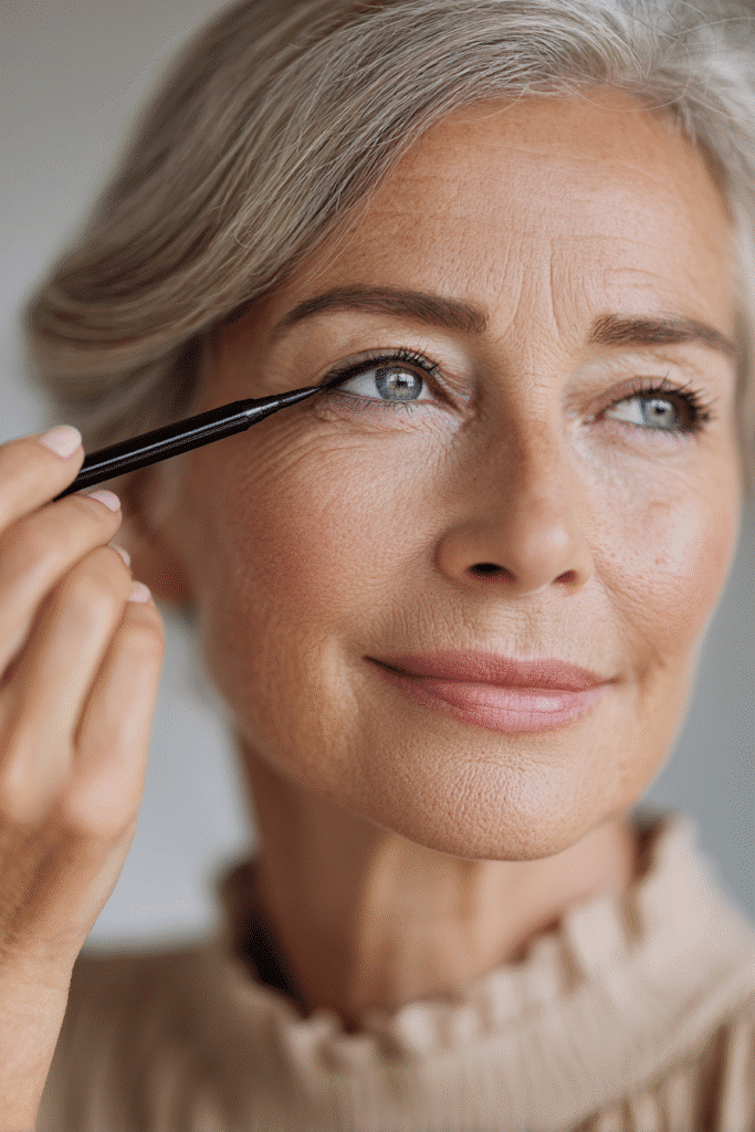 Mature woman applying subtle black eyeliner along her upper lash line to softly define the eyes.