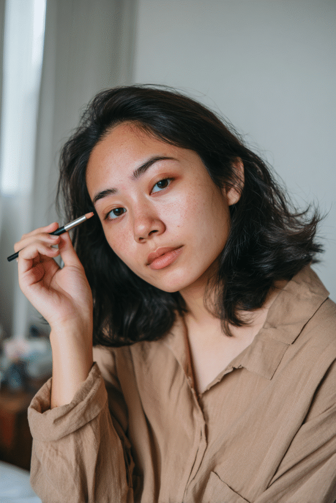 American teenage girl in a modest collared blouse, carefully enhancing her brows and applying soft eyeshadow for a natural beginner eye look, set in a bright airy indoor background.