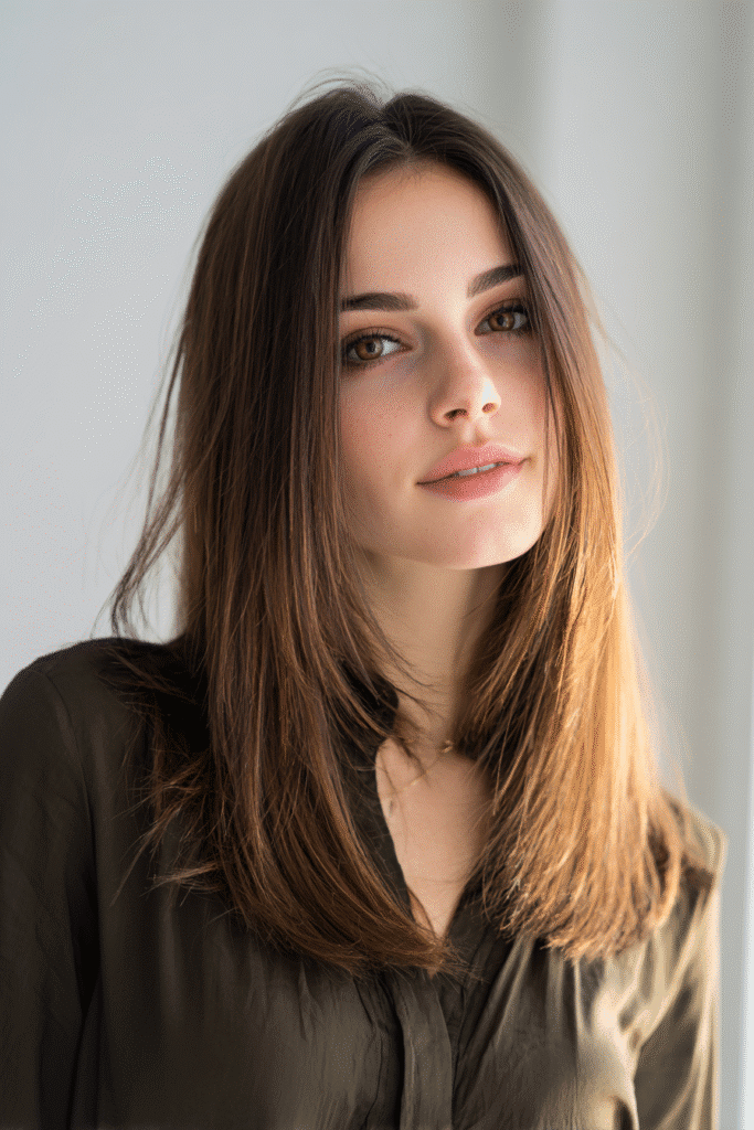 Portrait of a brunette woman with glossy espresso martini hair color, layered chest-length cut, wearing a high-neck beige sweater, background of a café street in autumn.