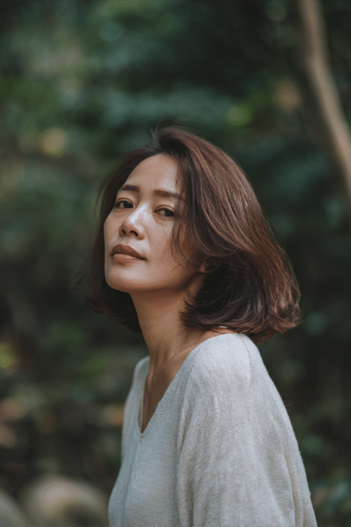 Sophisticated American woman over 50 with thin hair styled in a flattering face-framing French bob, wearing a modest knit blouse, standing in a natural forest.