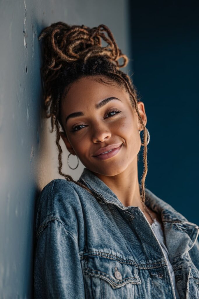 Black woman with shoulder-length faux locs styled in a low-tension way, dressed in a denim jacket, softly smiling in an airy minimalist studio space.