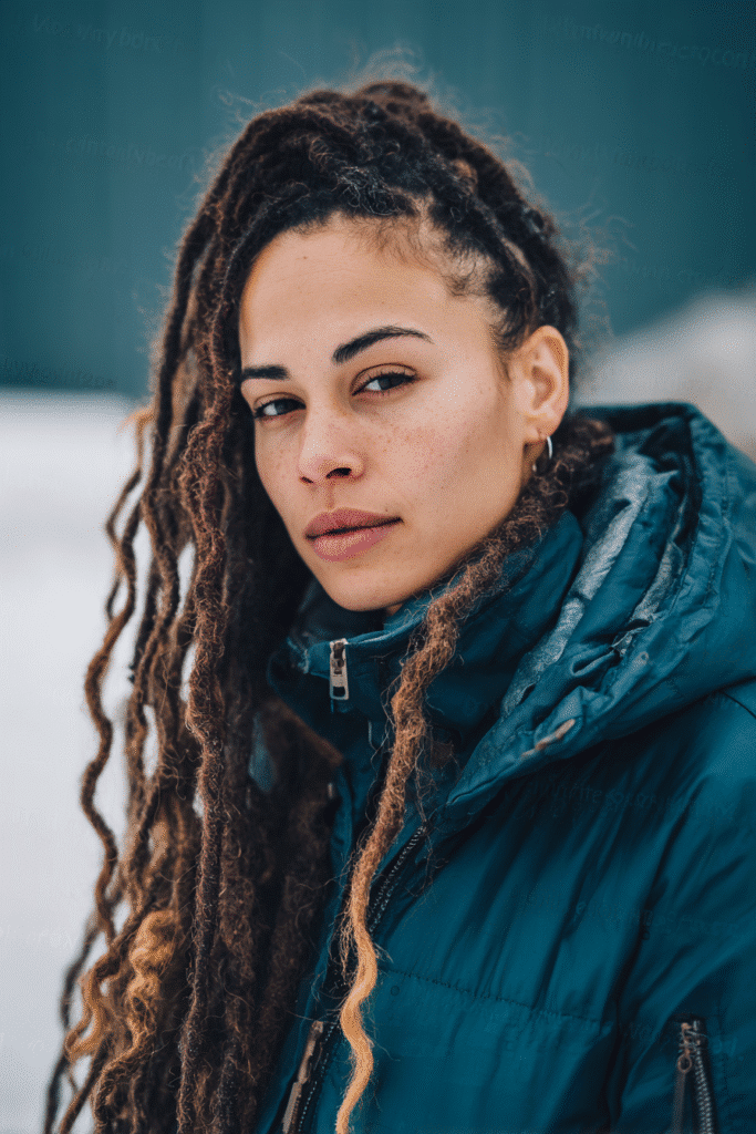 A vibrant female model in her 20s with shoulder-to-waist-length faux locs, styled with a natural flow, framed from chest-level upward, photographed against a seamless deep teal backdrop with a matte finish. She has subtle makeup, a stylish winter coat, a warm skin tone, and a confident expression, captured with cozy winter lighting and a frosty glow.