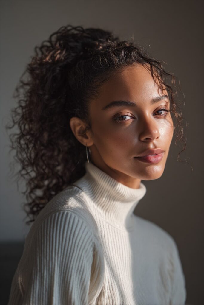 Black woman with curly hair gathered in a low-tension faux ponytail, minimal makeup, wearing a ribbed turtleneck, sitting in a softly lit indoor space.