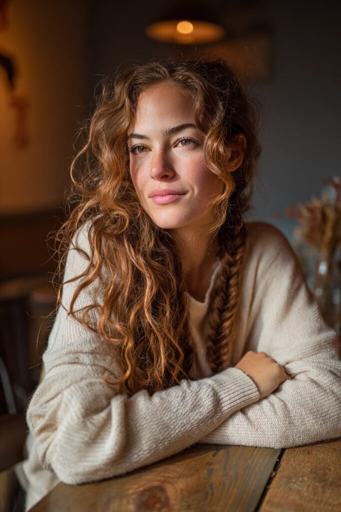 Black woman with long curly hair styled into a low-tension fishtail braid, wearing a cream cardigan, seated near a rustic wooden table under warm lighting.