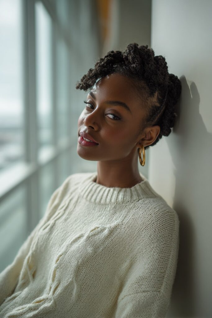 Black woman with neat flat twists styled back in a low-tension look, wearing a cream sweater and hoop earrings, seated indoors by a large bright window.