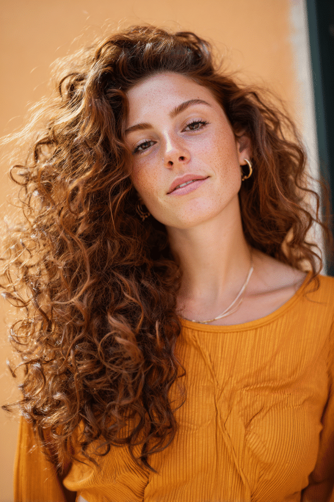 A vibrant female model in her 20s with shoulder-to-waist-length curly half wig, styled with a voluminous flip over and loose waves flowing down, photographed against a seamless warm saffron backdrop with a matte finish. She has subtle makeup, a trendy outfit, a warm skin tone, and a friendly expression, captured with soft natural lighting.